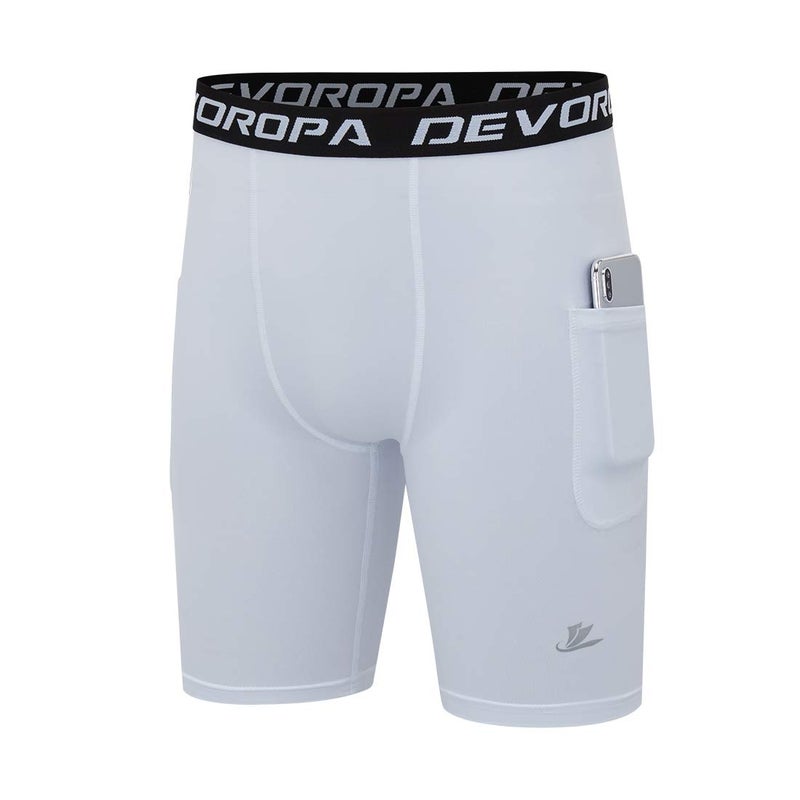DEVOROPA Youth Boys' Compression Shorts Performance Athletic Base Layers Workout Training Underwear Side Pocket Black/White XL (Pack of 2) - Image 3